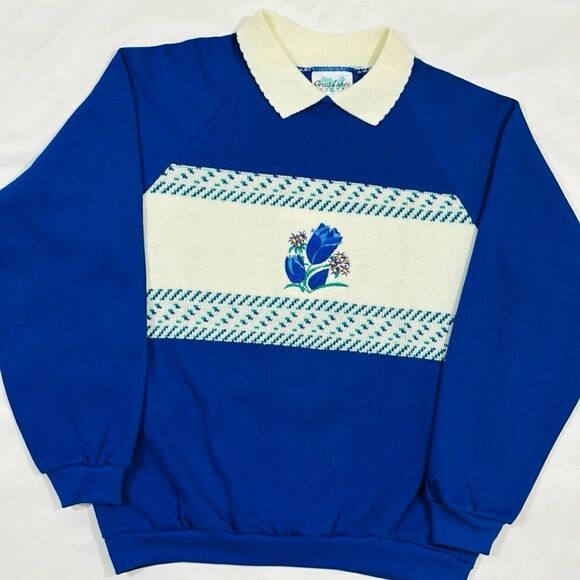 Vintage Deadstock Embroidered Knit Floral Collared Crewneck Sweater - Picture 2 of 7